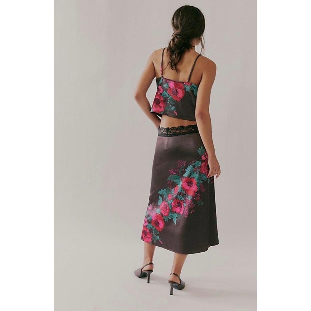 Free People Midnight Garden 2-Piece Set Satin Floral Cami Midi Skirt Brown M NEW - Picture 2 of 12